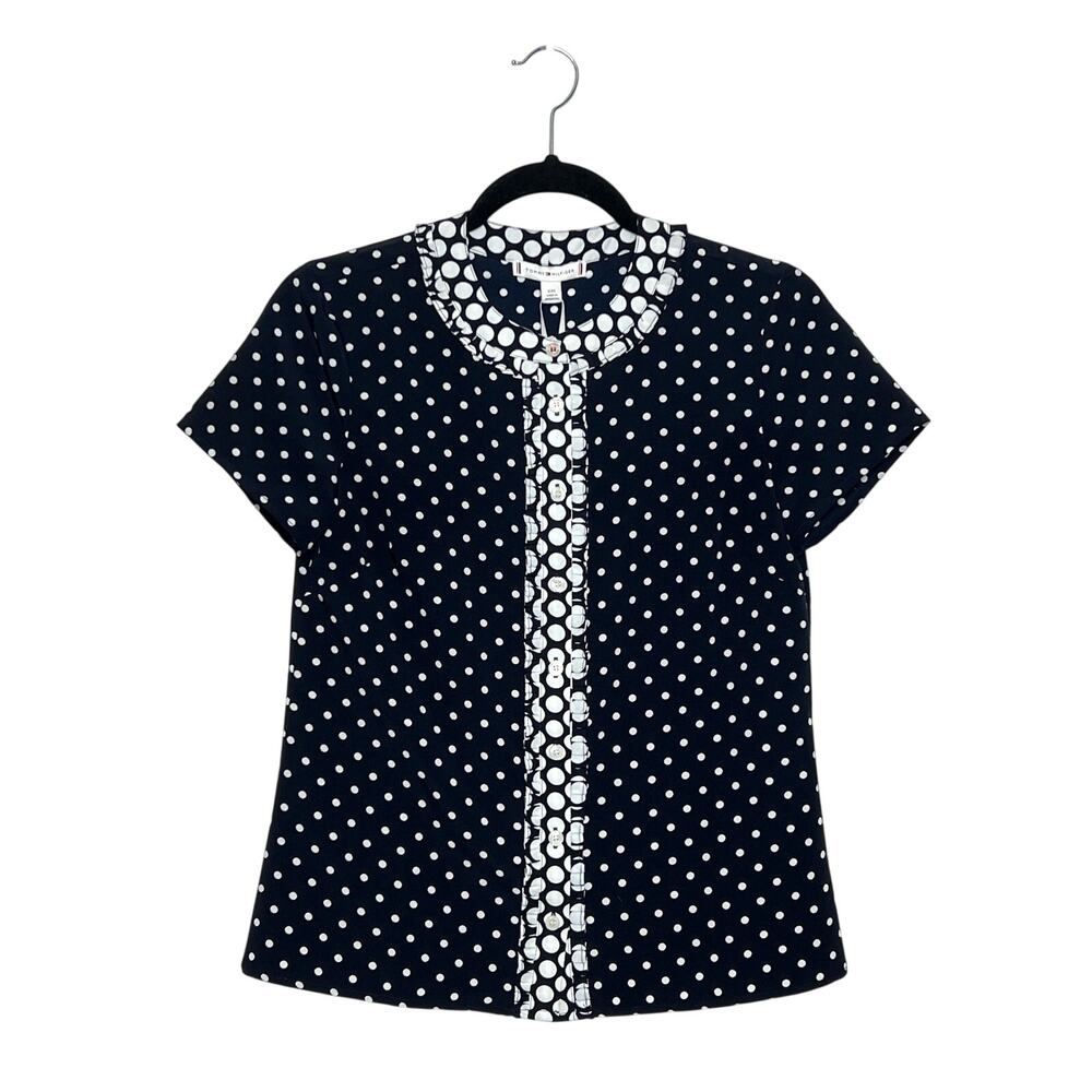 Tommy Hilfiger Polka Dot Blouse XXS Navy White Button Front Short Sleeve Top